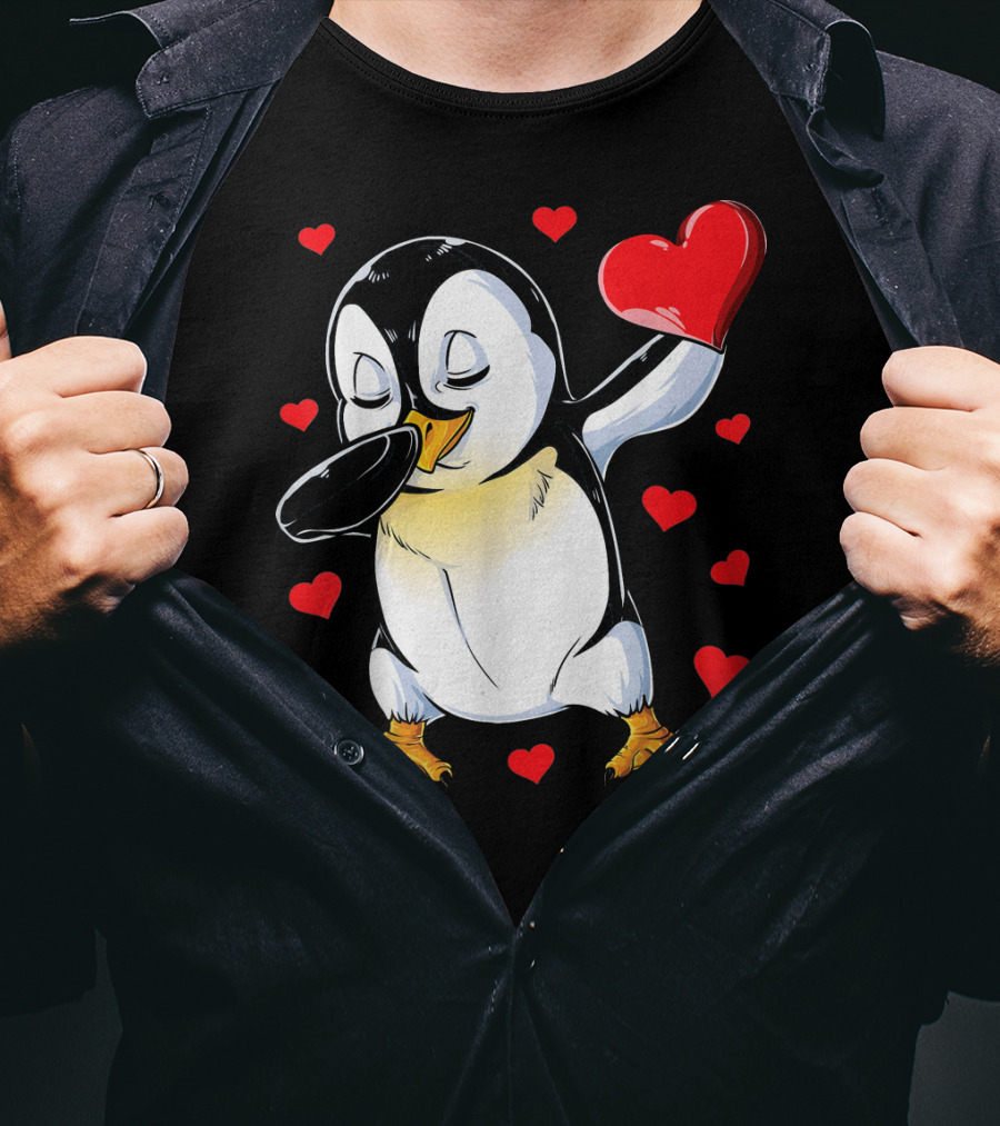 Valentines Dabbing Penguin With Heart Surrounded By Red Hearts T-Shirt