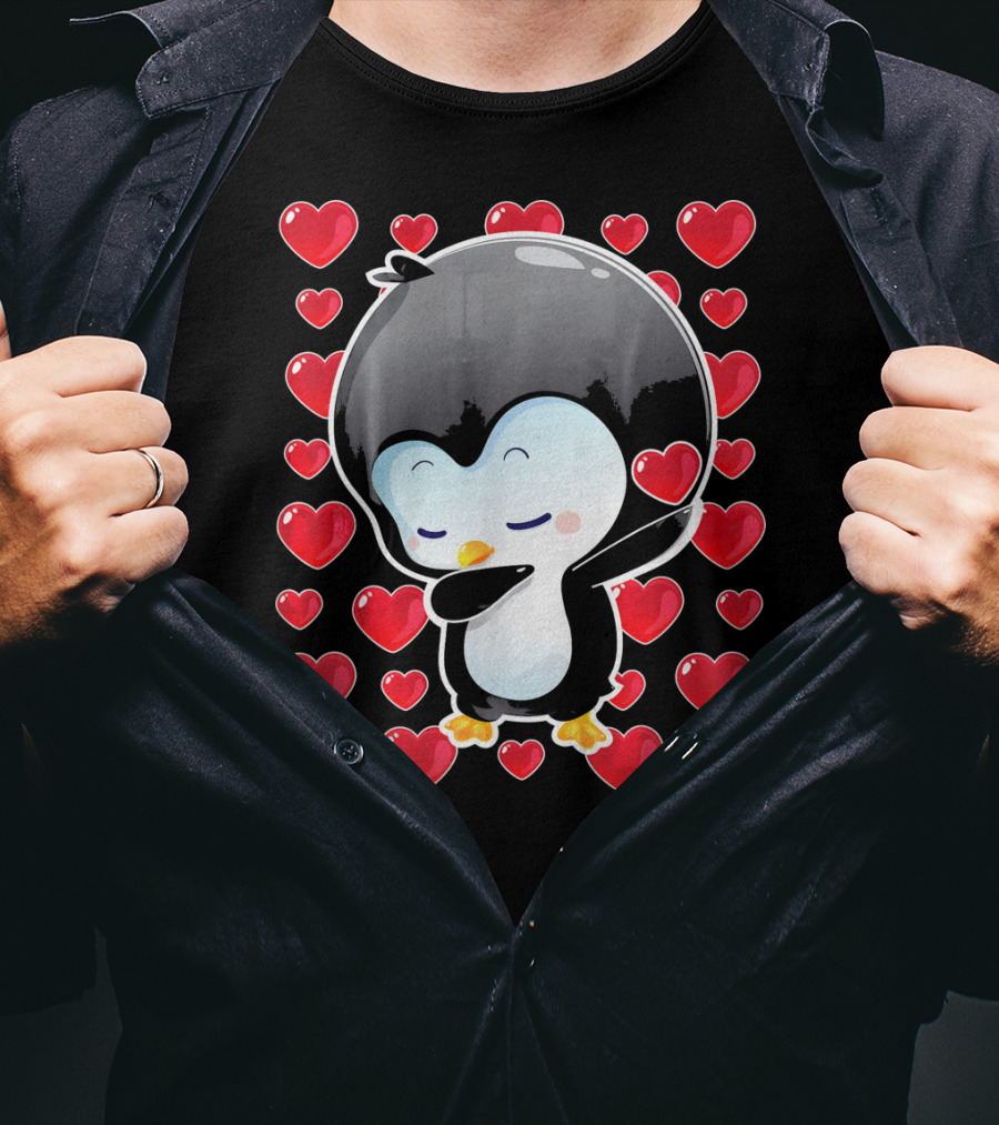 Valentines Day Penguin Dabbing Surrounded By Hearts T-Shirt
