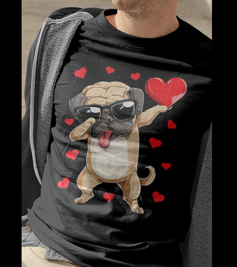Dabbing Pug Holding Heart Surrounded By Red Hearts Valentines Day T-Shirt