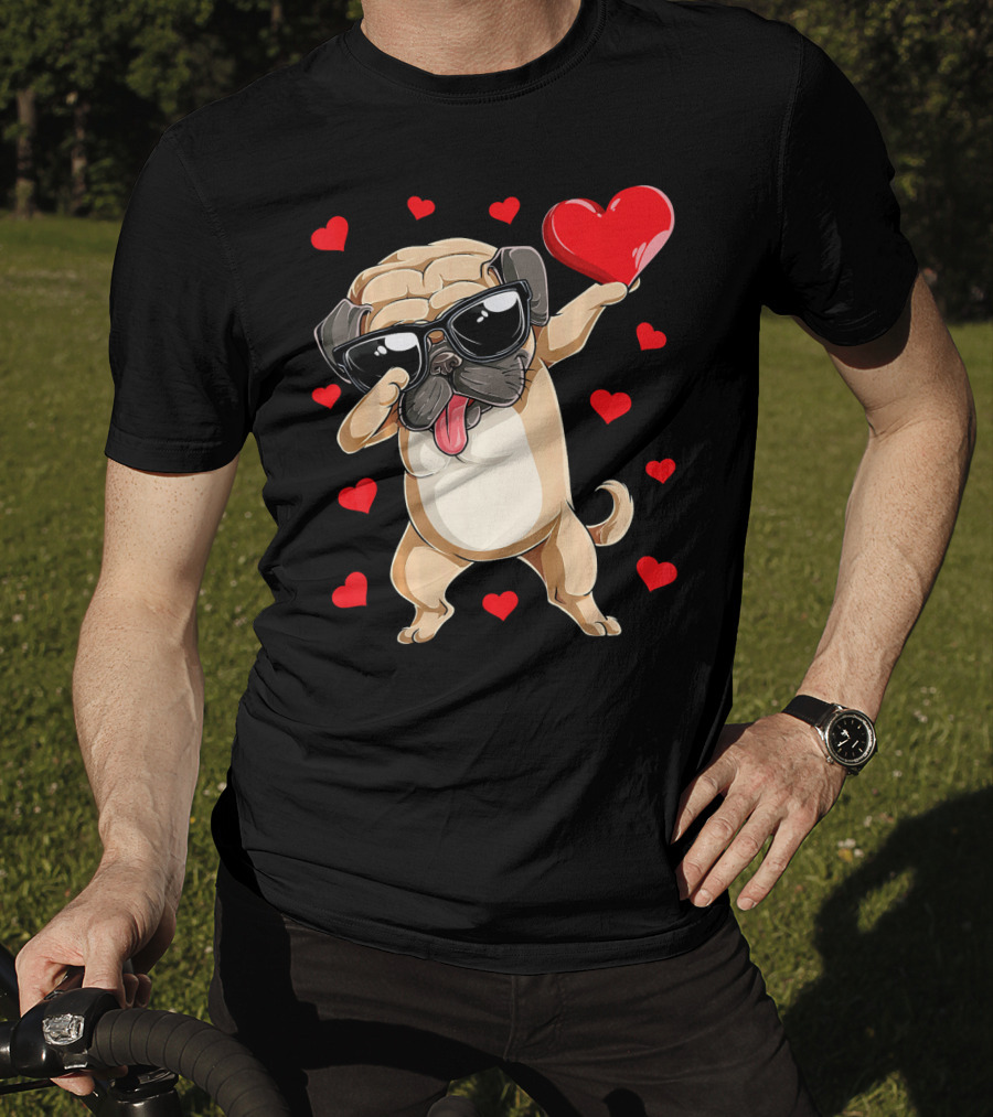 Dabbing Pug Holding Heart Surrounded By Red Hearts Valentines Day T-Shirt
