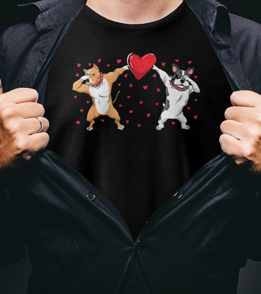 Pitbull Bulldog Dabbing With Heart Valentines T-Shirt