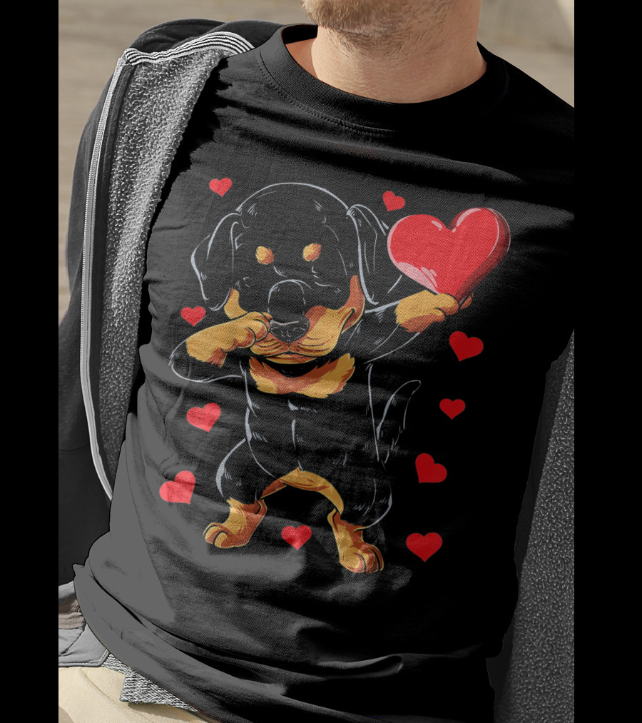 Dabbing Rottweiler Heart Valentine With Red Hearts T-Shirt