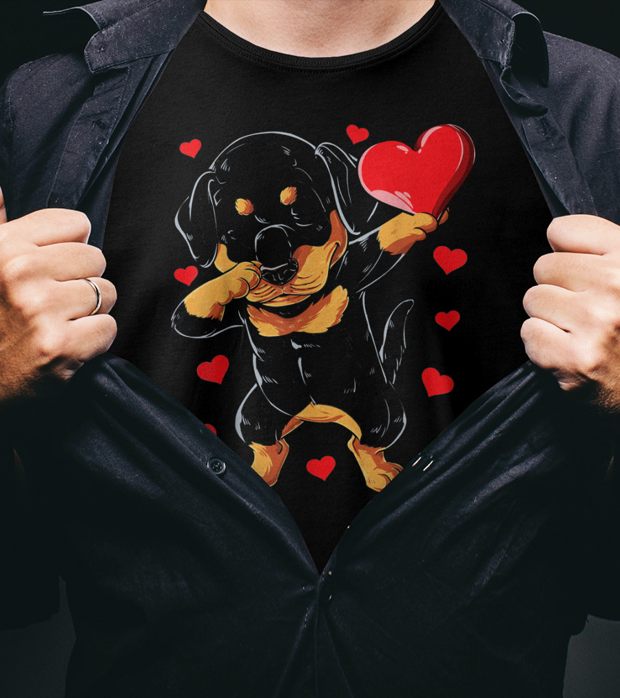 Dabbing Rottweiler Heart Valentine With Red Hearts T-Shirt