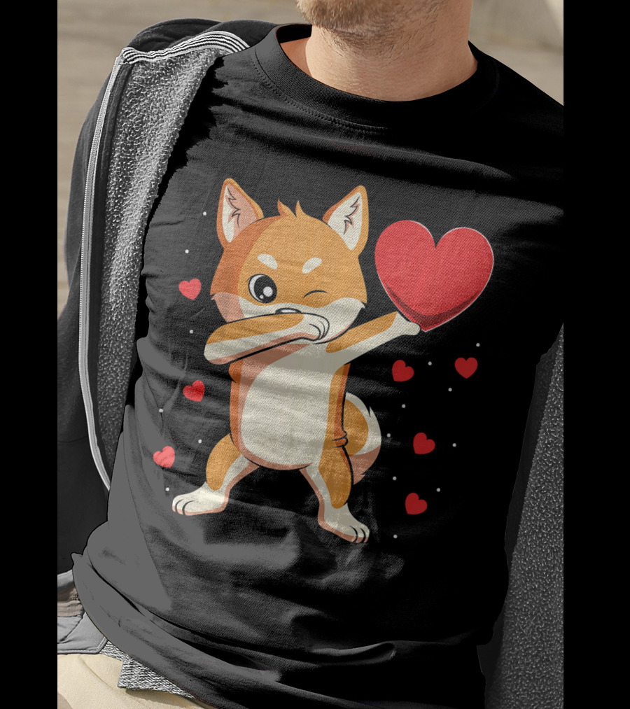 Dabbing Shiba Inu Holding Heart Valentine’s Day Dog With Hearts T-Shirt