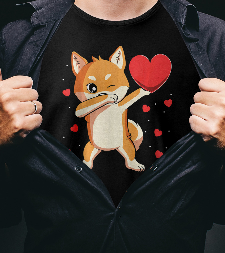 Dabbing Shiba Inu Holding Heart Valentine’s Day Dog With Hearts T-Shirt