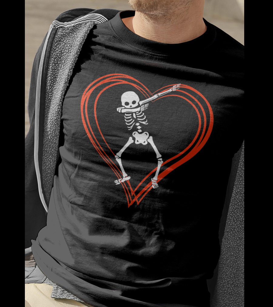 Dabbing Skeleton Dab Skull Heart Valentine Day T-Shirt