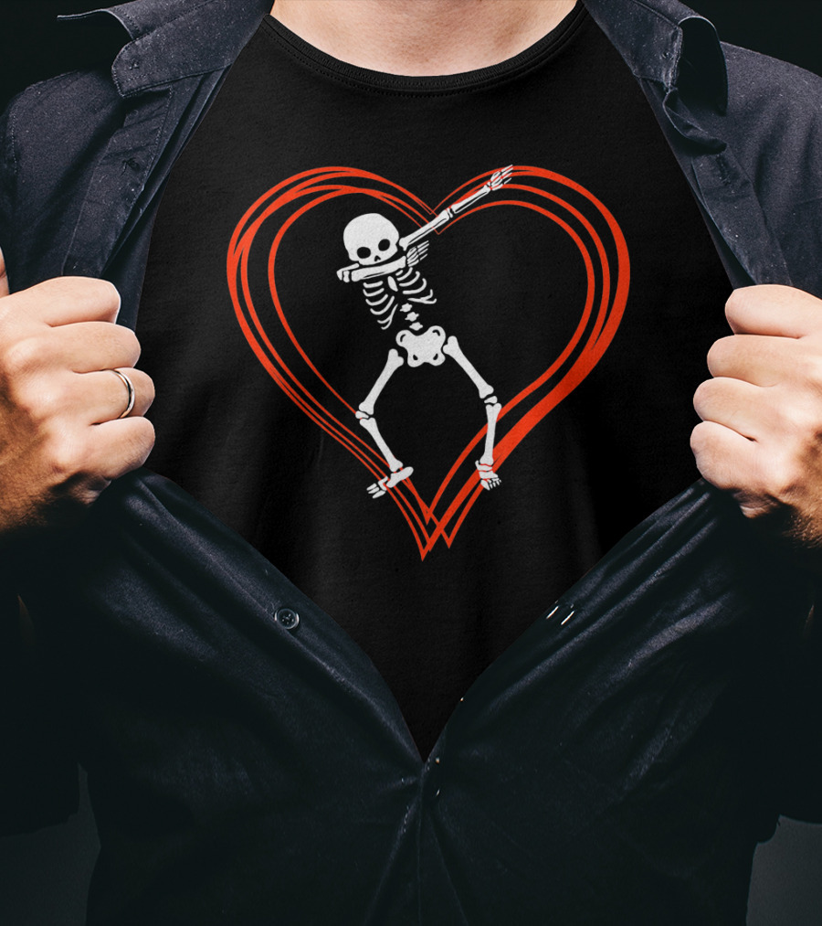 Dabbing Skeleton Dab Skull Heart Valentine Day T-Shirt