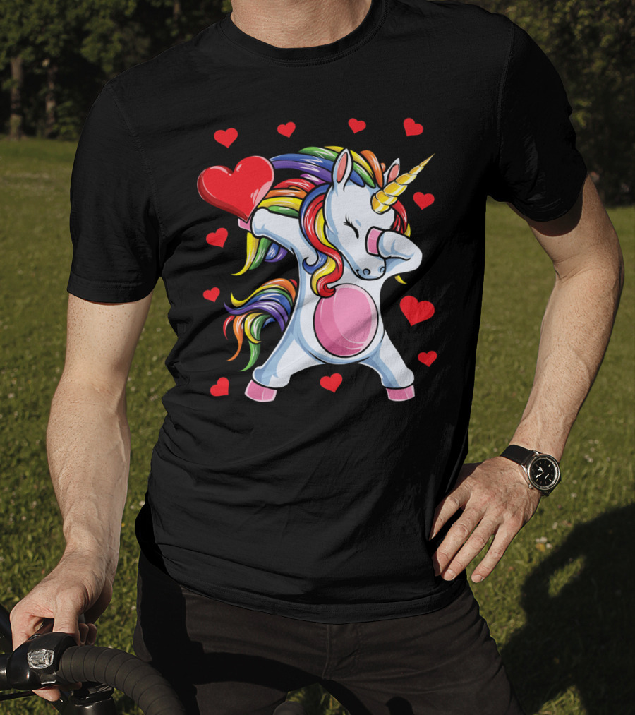 Rainbow Dabbing Unicorn With Hearts Valentine's T-Shirt