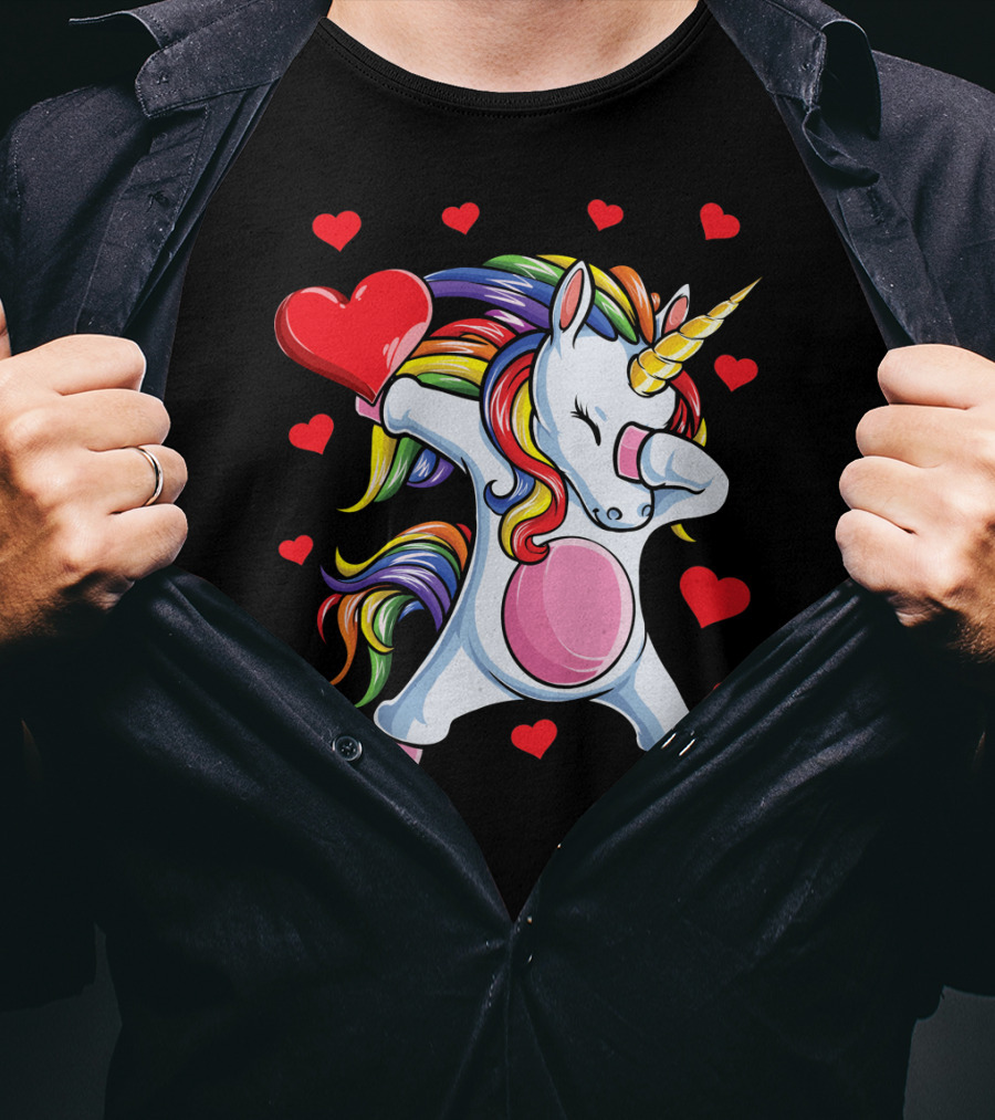 Rainbow Dabbing Unicorn With Hearts Valentine's T-Shirt