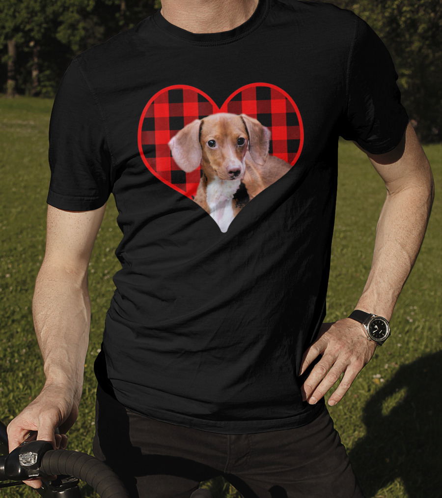 Dachshund In Red Plaid Heart Valentine's Day T-Shirt