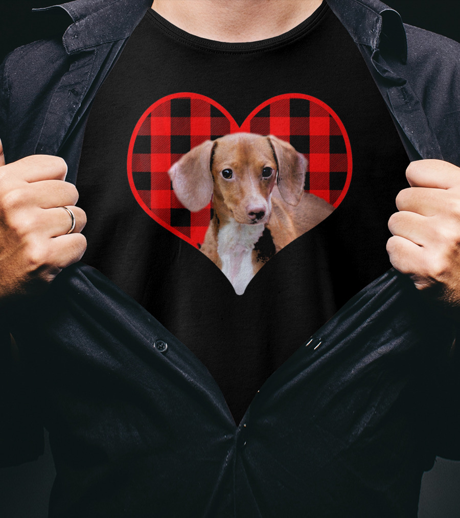 Dachshund In Red Plaid Heart Valentine's Day T-Shirt