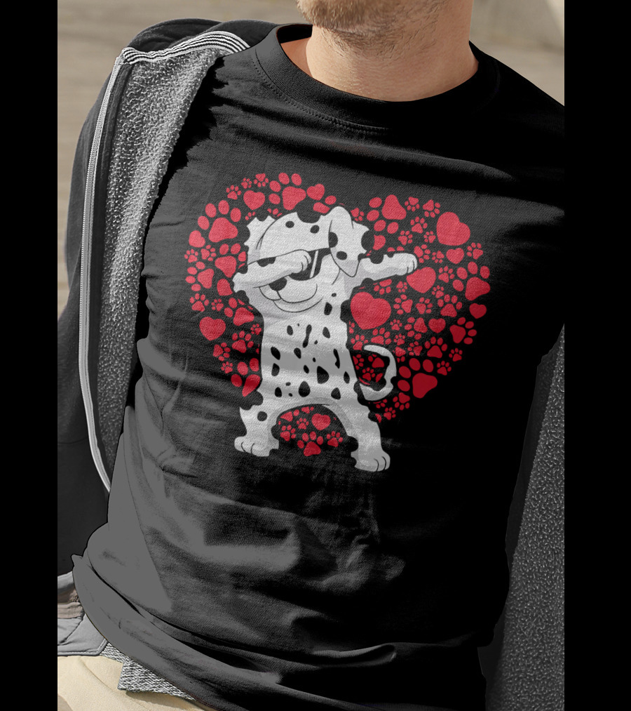 Dalmatian Dog Dabbing With Heart-Shaped Paw Print Valentine Fun T-Shirt