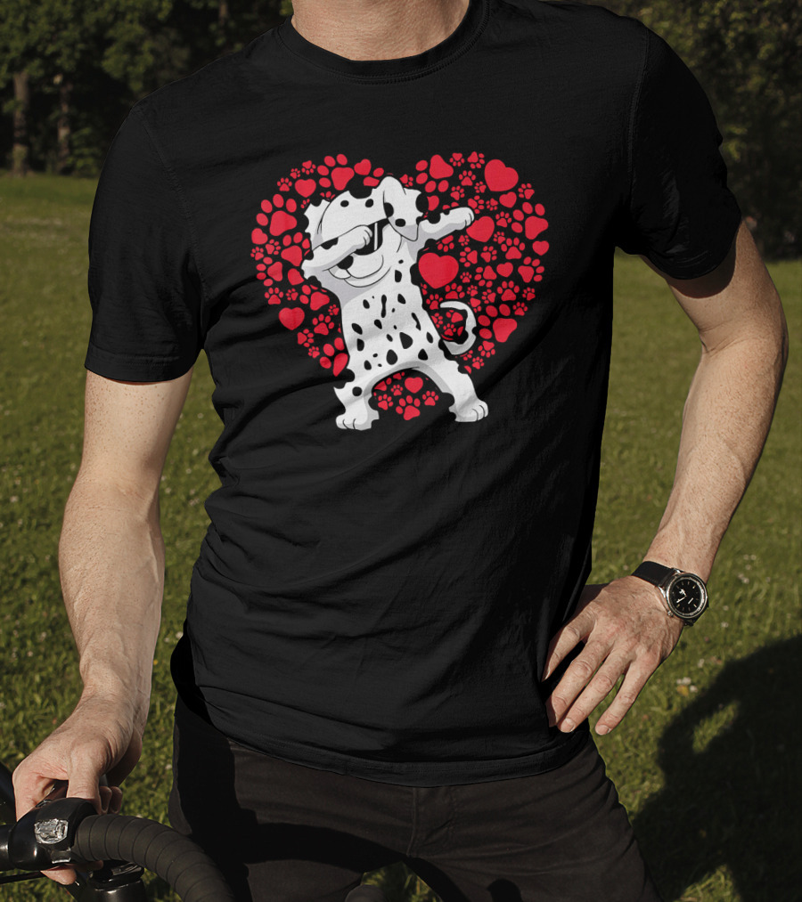 Dalmatian Dog Dabbing With Heart-Shaped Paw Print Valentine Fun T-Shirt