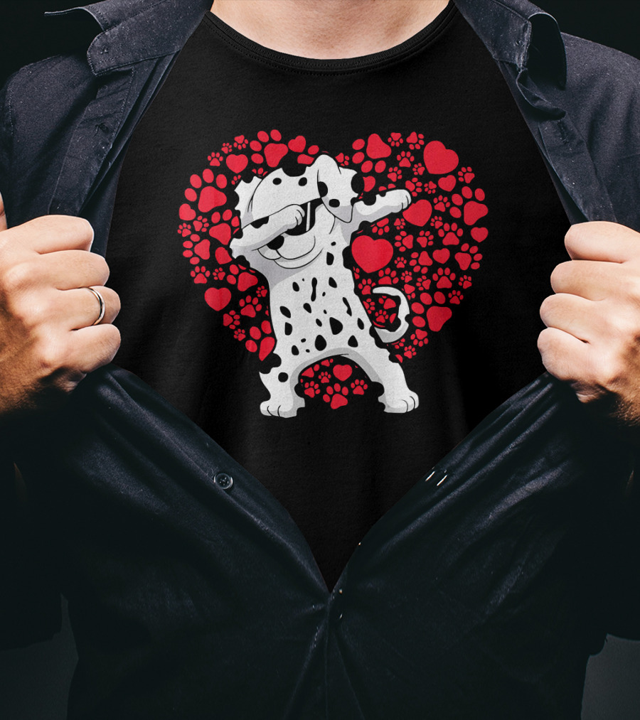 Dalmatian Dog Dabbing With Heart-Shaped Paw Print Valentine Fun T-Shirt