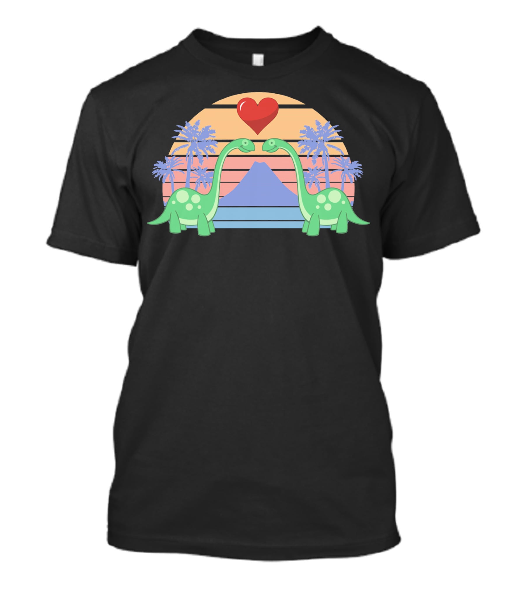 Dino Valentine Romantic Sunset With Heart And Palm Trees T-Shirt