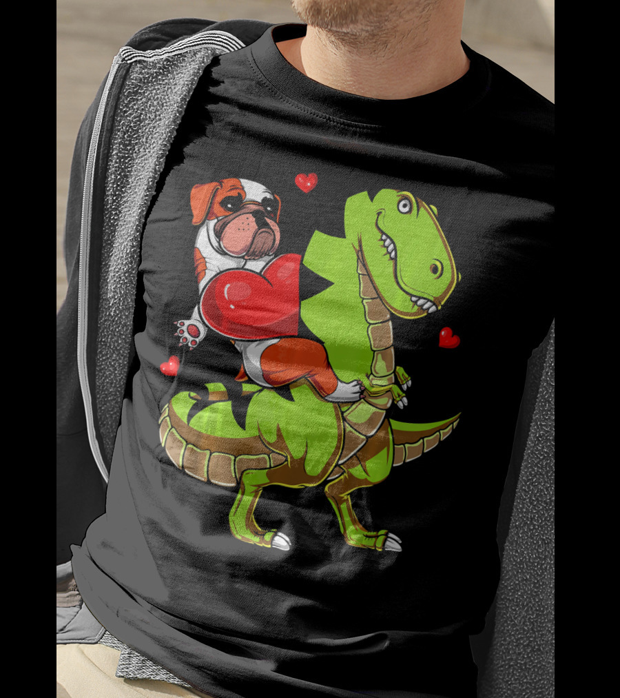 English Bulldog Hugging Red Heart Riding Green T-Rex Dinosaur With Hearts T-Shirt