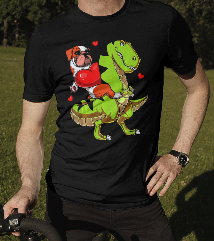 English Bulldog Hugging Red Heart Riding Green T-Rex Dinosaur With Hearts T-Shirt