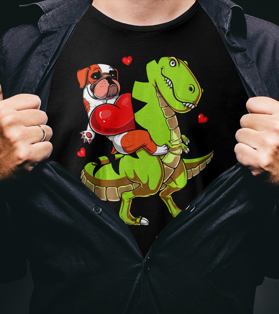 English Bulldog Hugging Red Heart Riding Green T-Rex Dinosaur With Hearts T-Shirt