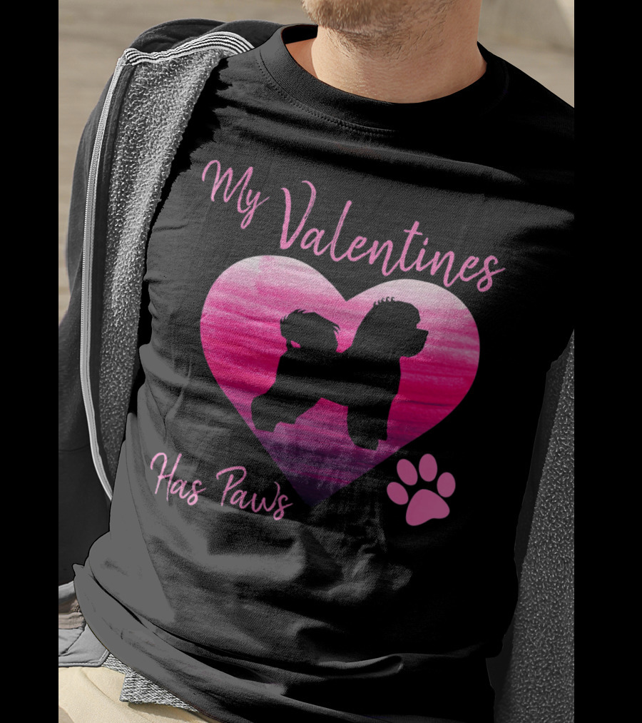 My Valentines Has Paws Bichon Frise Heart And Pawprint T-Shirt