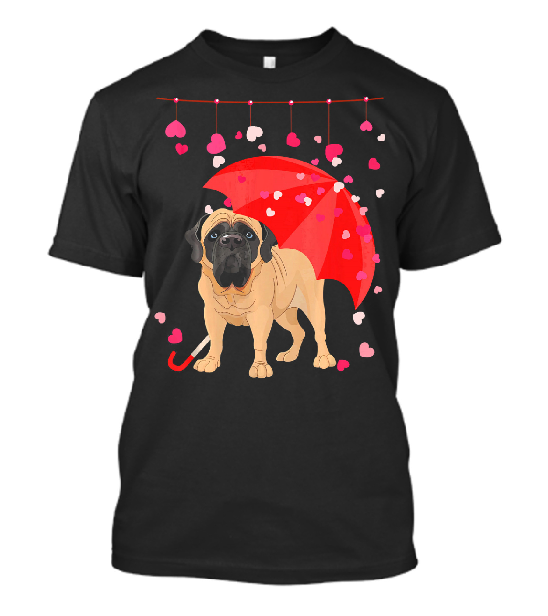 English Mastiff Under Red Umbrella With Raining Hearts Valentine T-Shirt