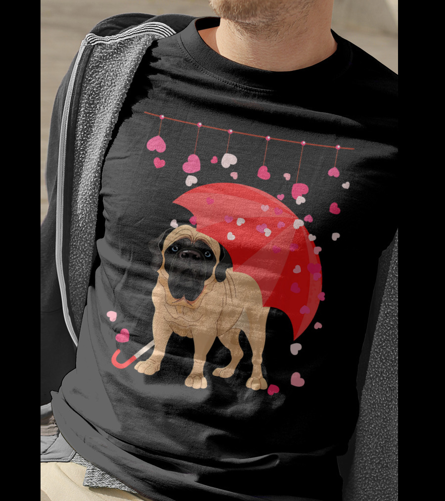 English Mastiff Under Red Umbrella With Raining Hearts Valentine T-Shirt