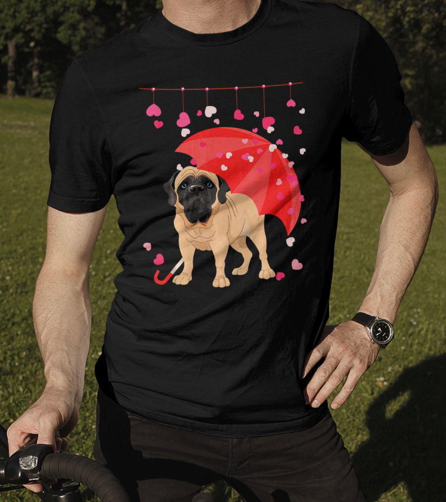 English Mastiff Under Red Umbrella With Raining Hearts Valentine T-Shirt