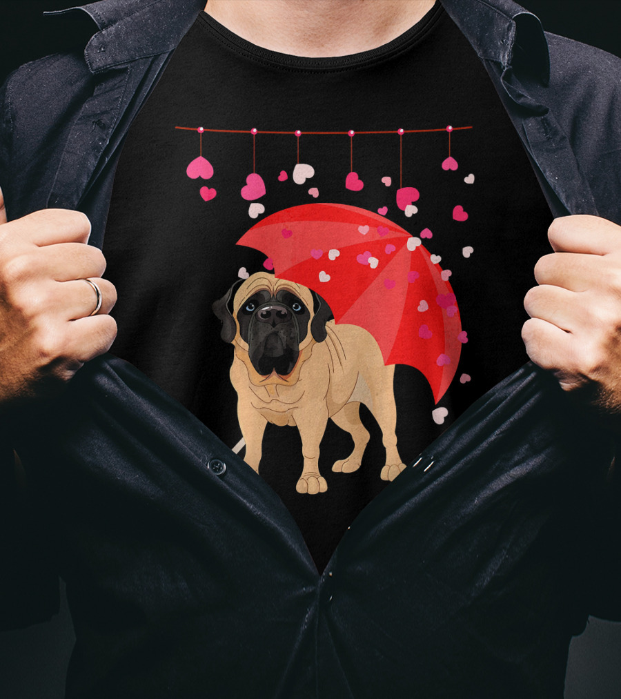 English Mastiff Under Red Umbrella With Raining Hearts Valentine T-Shirt