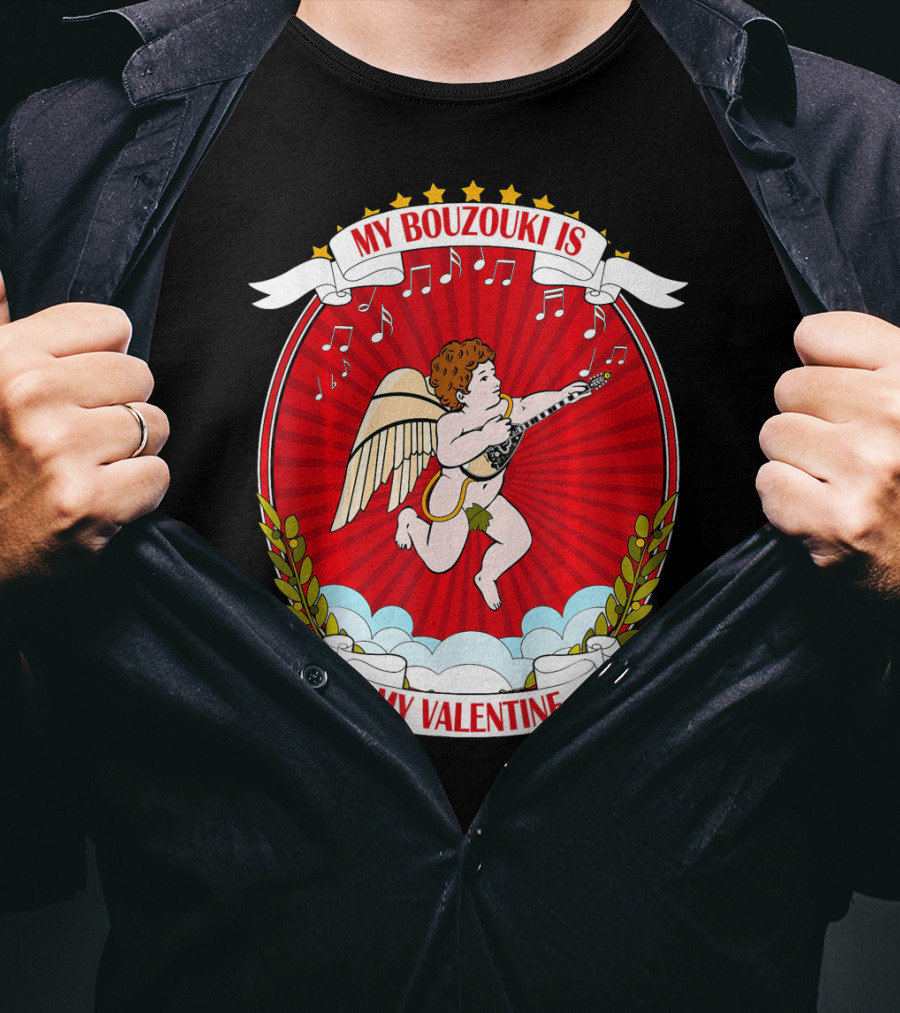 My Bouzouki Is My Valentine Cherub With Wings And Musical Notes T-Shirt