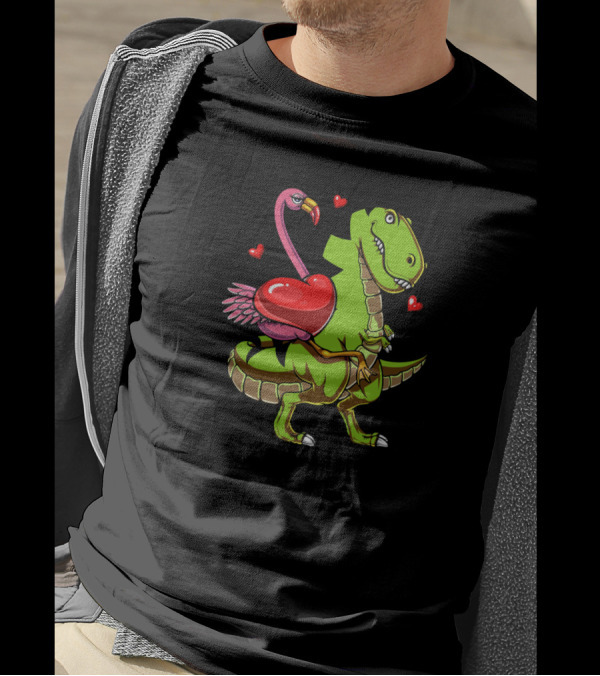 Flamingo Riding T-Rex Dinosaur With Hearts T-Shirt