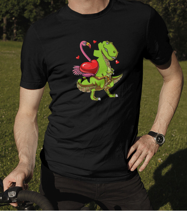 Flamingo Riding T-Rex Dinosaur With Hearts T-Shirt
