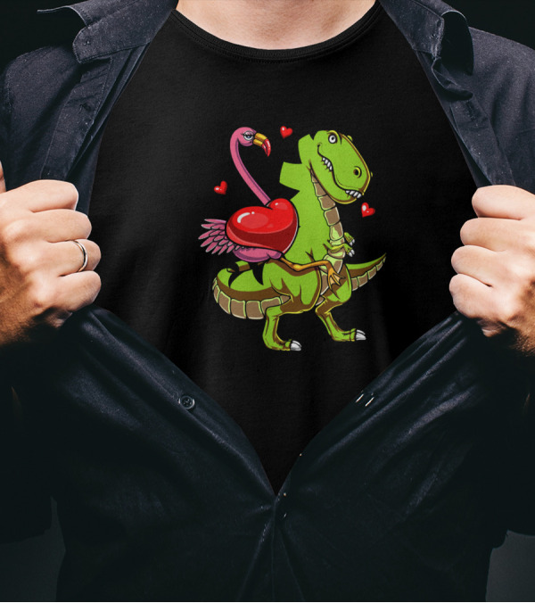 Flamingo Riding T-Rex Dinosaur With Hearts T-Shirt