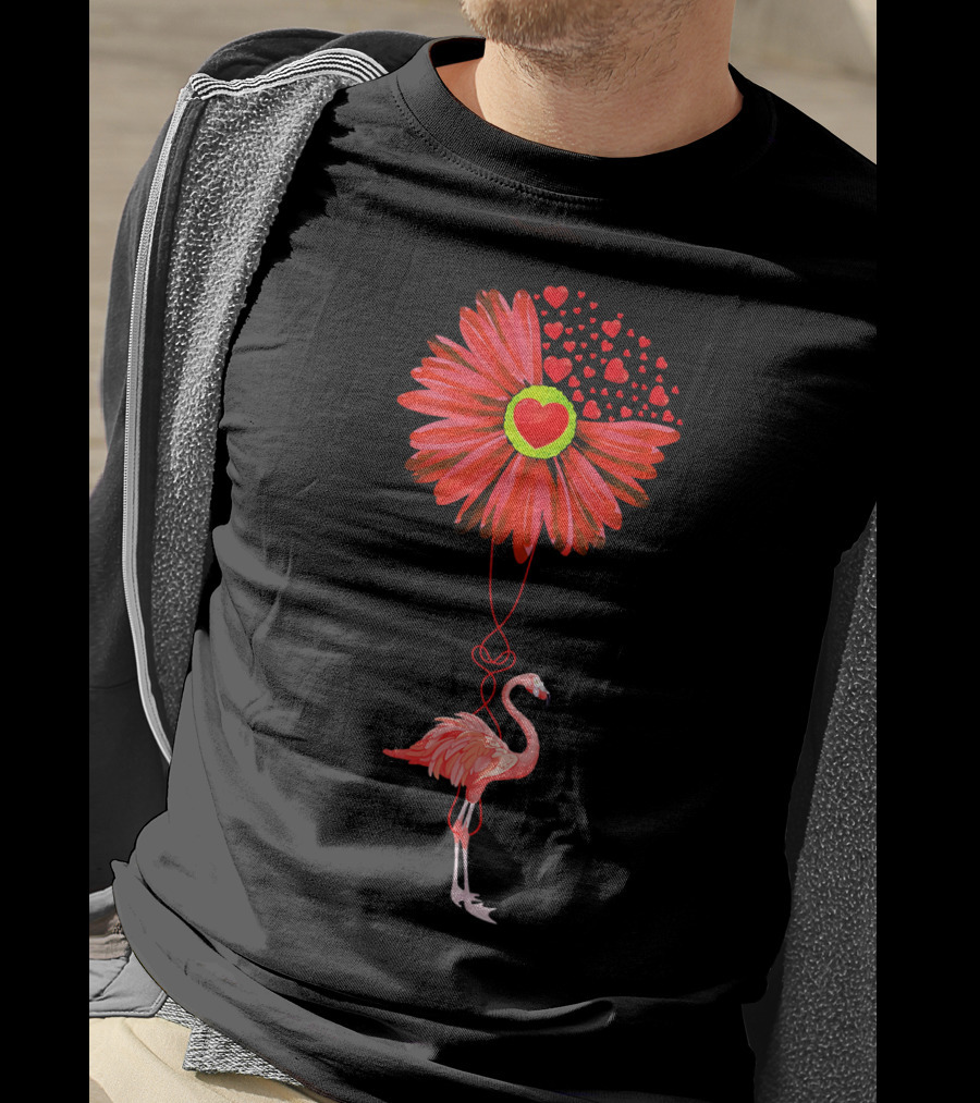 Flamingo With Red Heart Sunflower And Balloon Of Love T-Shirt