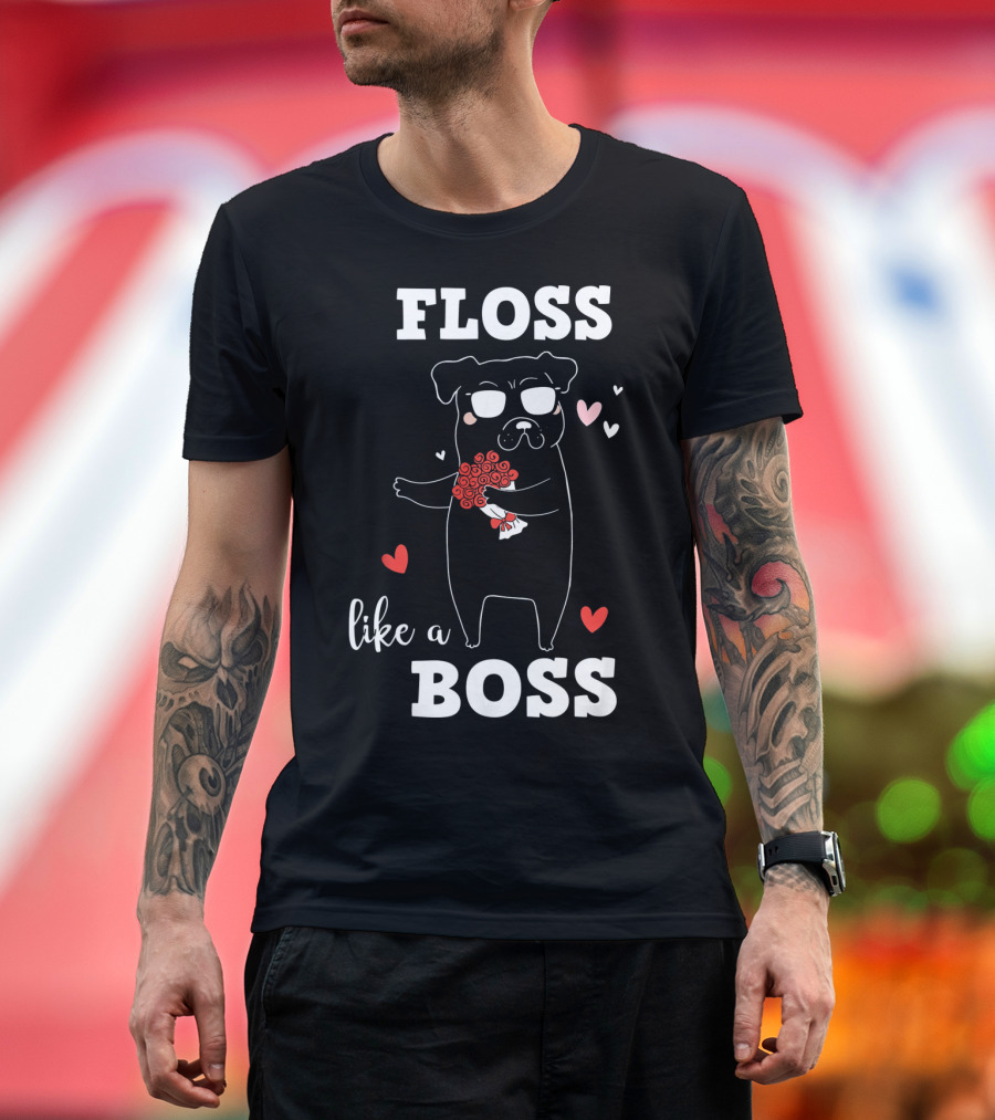 Floss Like A Boss Valentines Day Dog Holding Flowers With Hearts T-Shirt