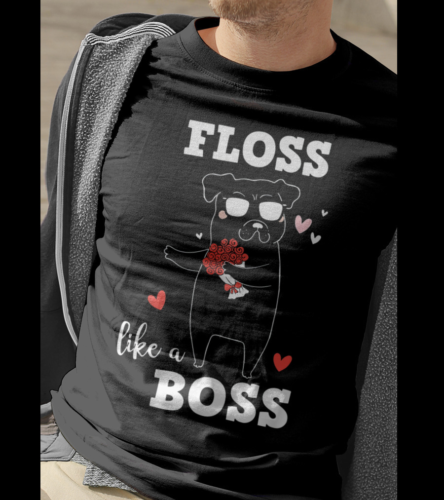 Floss Like A Boss Valentines Day Dog Holding Flowers With Hearts T-Shirt