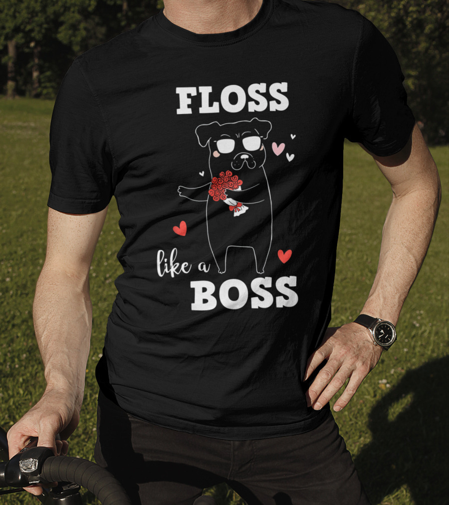 Floss Like A Boss Valentines Day Dog Holding Flowers With Hearts T-Shirt