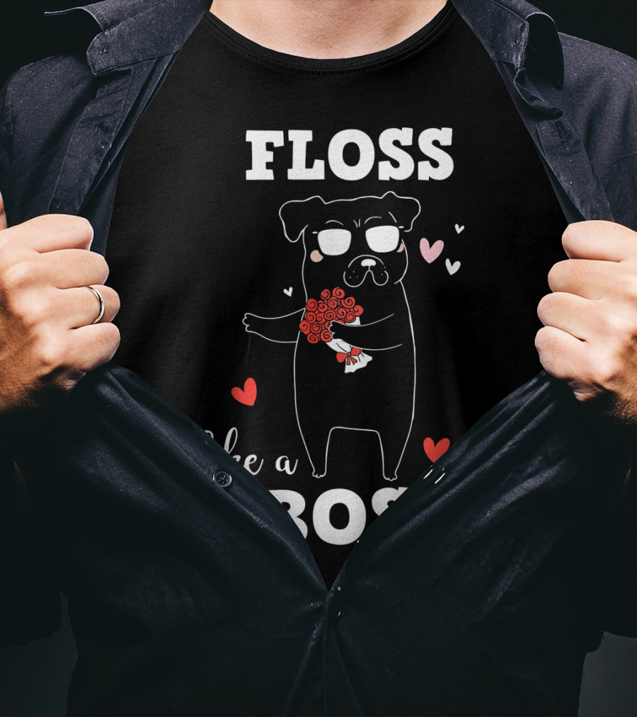 Floss Like A Boss Valentines Day Dog Holding Flowers With Hearts T-Shirt