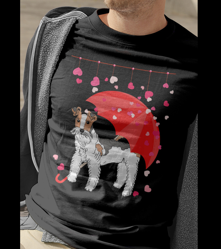 Fox Terrier With Red Umbrella And Falling Hearts Valentines T-Shirt