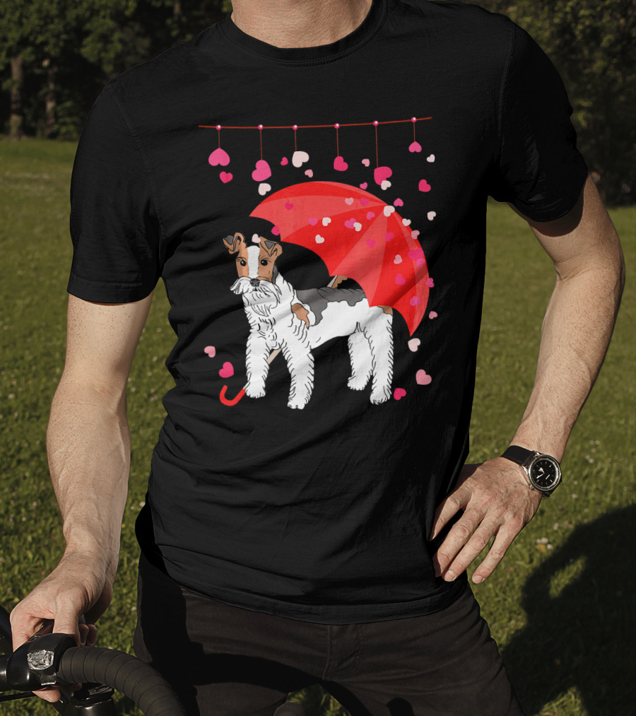 Fox Terrier With Red Umbrella And Falling Hearts Valentines T-Shirt