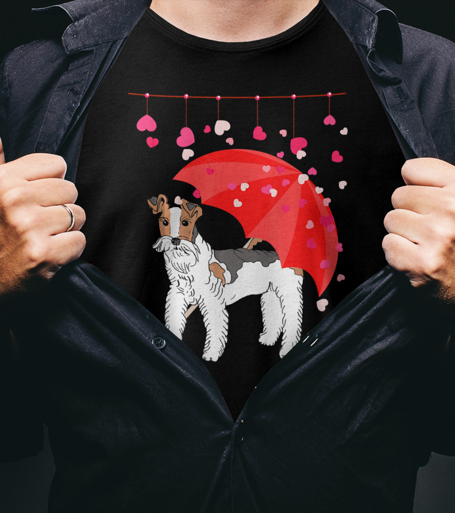 Fox Terrier With Red Umbrella And Falling Hearts Valentines T-Shirt