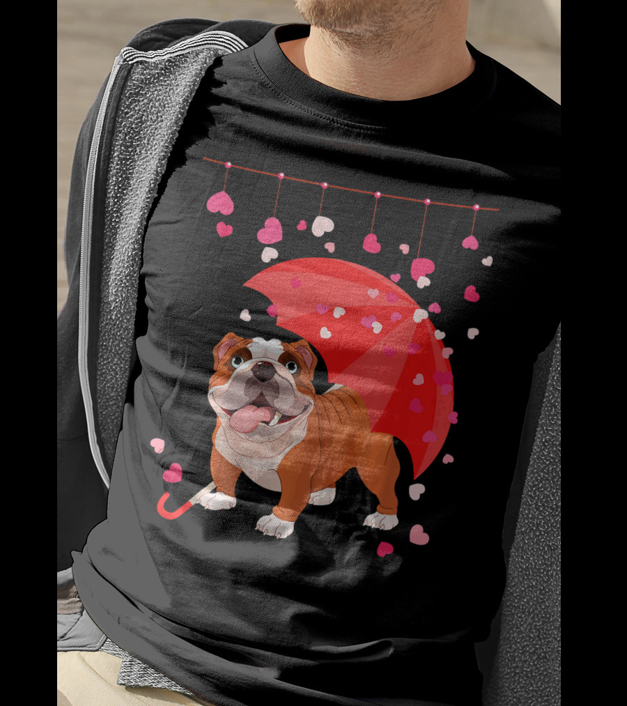 French Bulldog Raining Hearts Under Red Umbrella Valentines T-Shirt