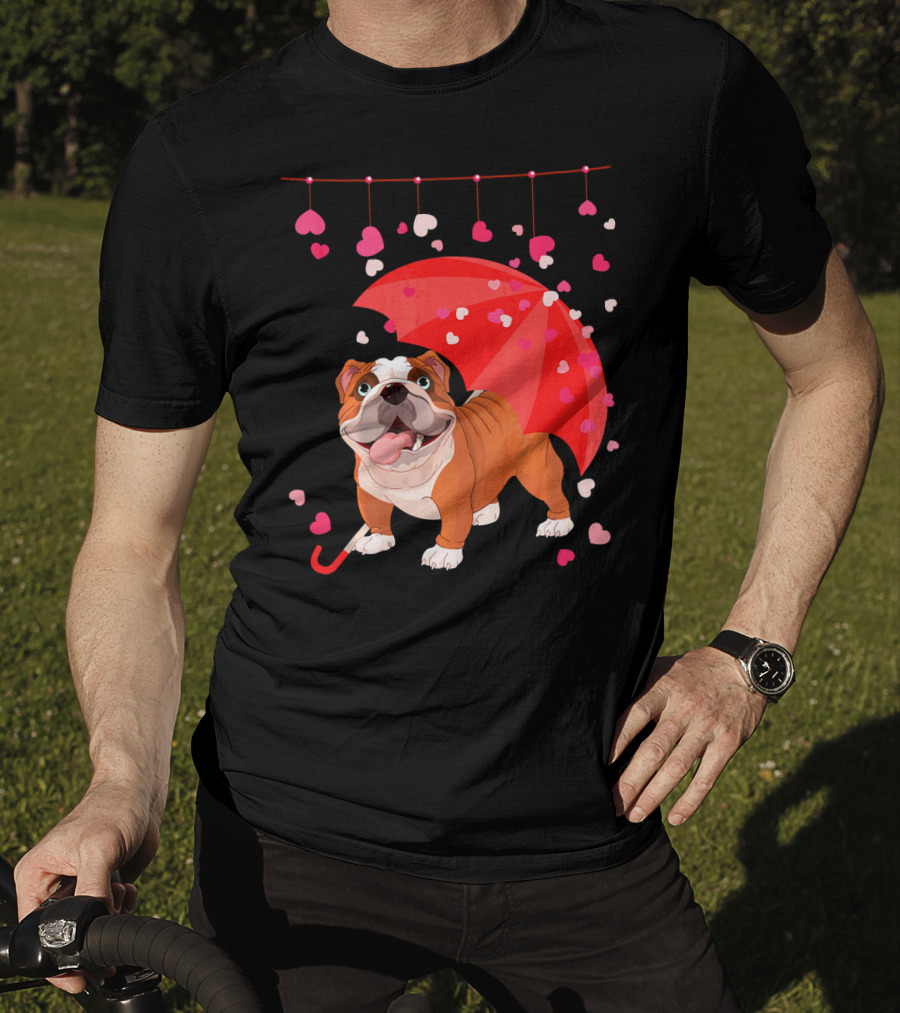 French Bulldog Raining Hearts Under Red Umbrella Valentines T-Shirt