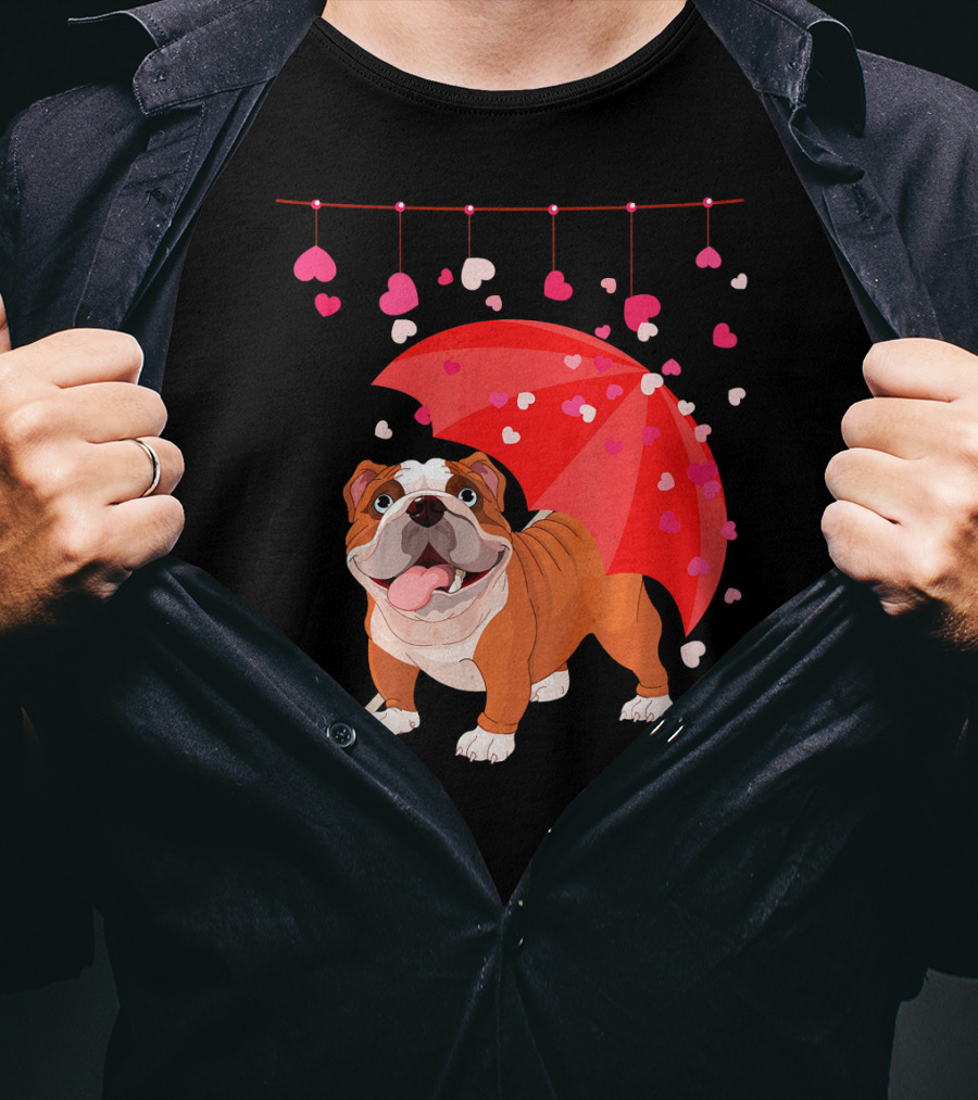 French Bulldog Raining Hearts Under Red Umbrella Valentines T-Shirt