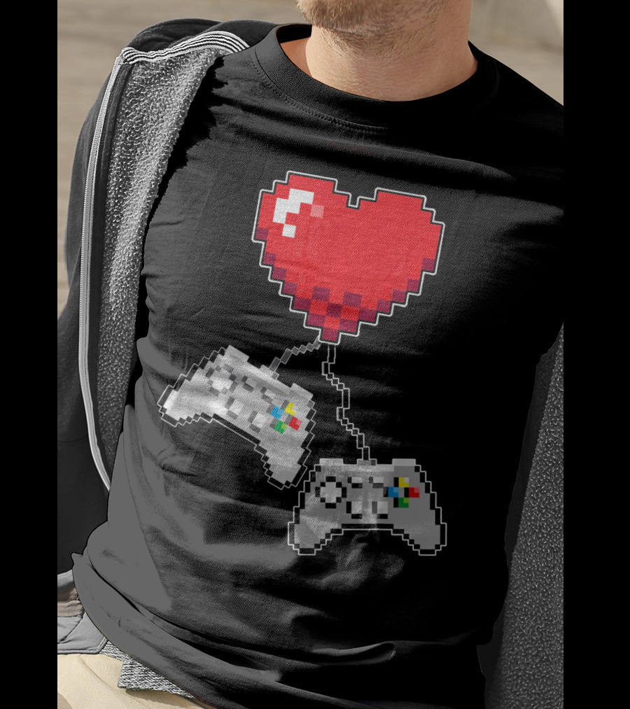 Pixel Heart Gaming Valentine Dual Controller Fun T-Shirt