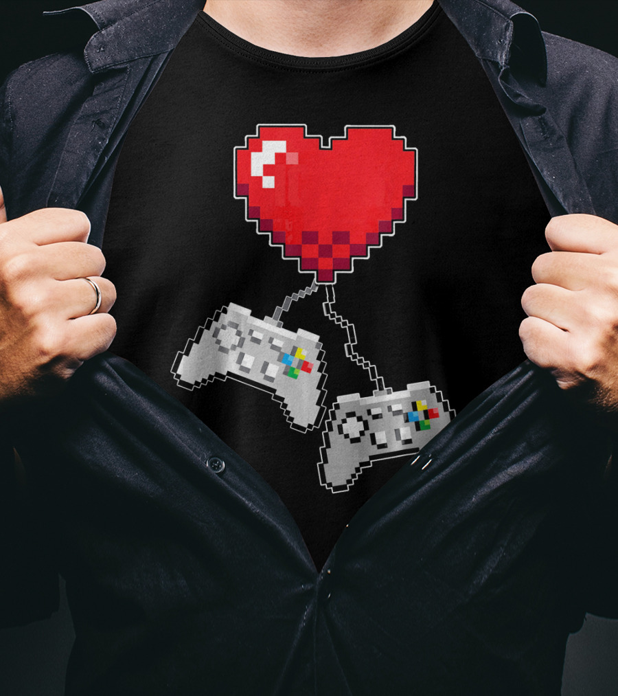 Pixel Heart Gaming Valentine Dual Controller Fun T-Shirt
