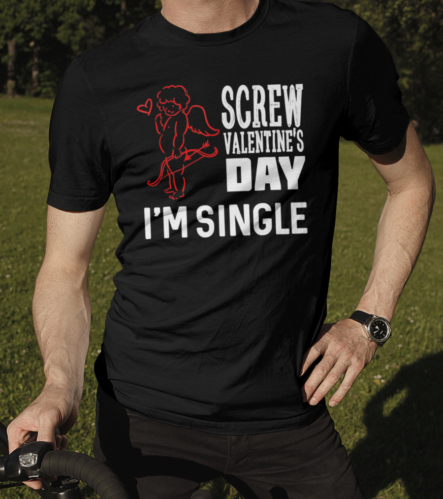 Screw Valentine's Day I'm Single Cupid Heart Drawing T-Shirt