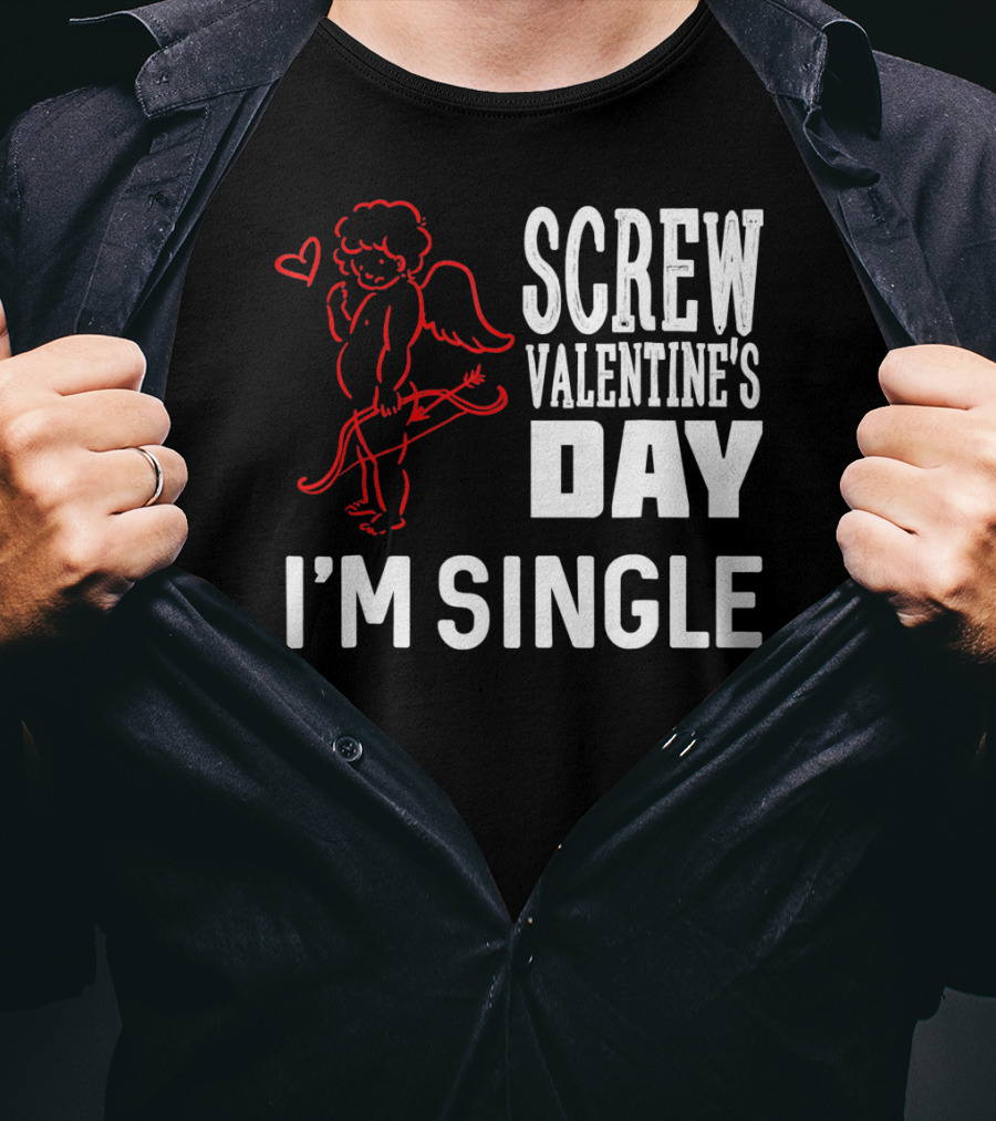 Screw Valentine's Day I'm Single Cupid Heart Drawing T-Shirt