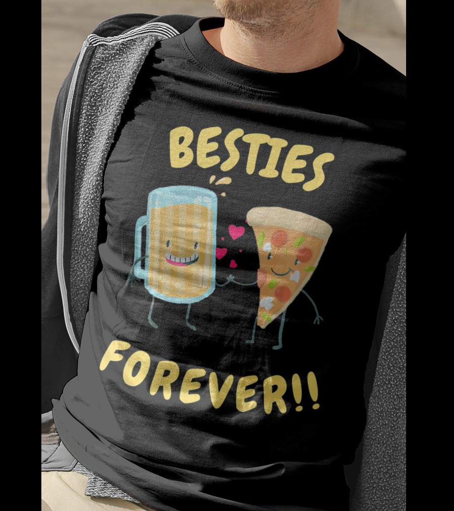 Besties Forever Beer And Pizza Lover Characters T-Shirt
