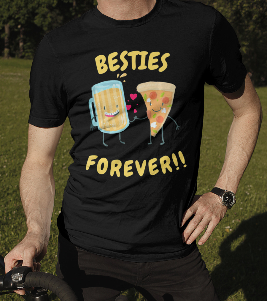 Besties Forever Beer And Pizza Lover Characters T-Shirt