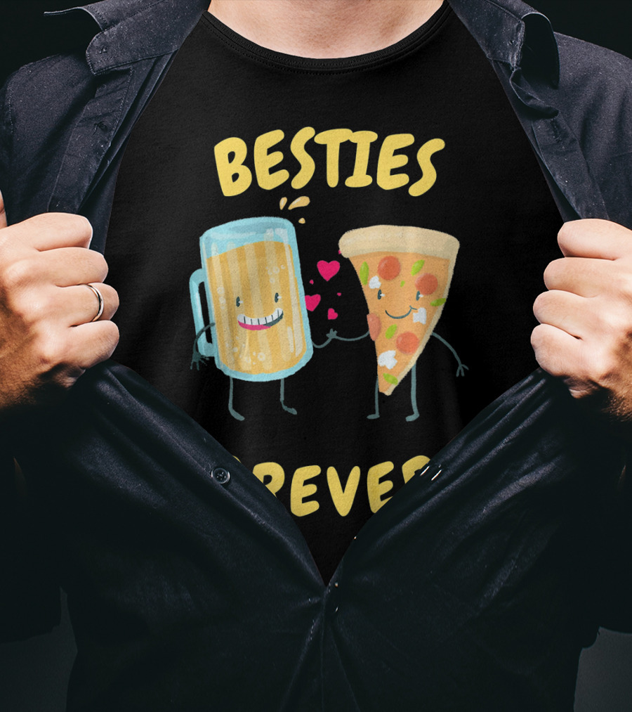 Besties Forever Beer And Pizza Lover Characters T-Shirt