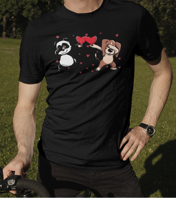 Funny Dabbing Beagle And Dabbing Panda With Hearts And Love T-Shirt